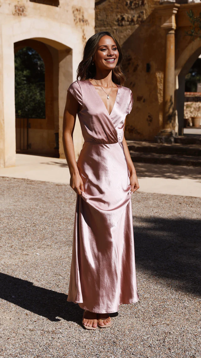 Jimiss deep V-neck short sleeved satin and floor length Prom dress